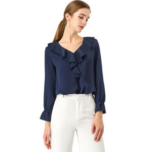 INSPIRE CHIC Women's Office Work Ruffle V Neck Long Sleeve Chiffon Peasant Blouse - 1 of 4
