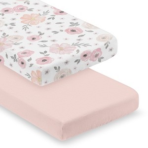 Sweet Jojo Designs Baby Girl Fitted 100% Cotton Muslin Crib Sheets Set Watercolor Floral Pink Grey and White 2pc - 1 of 4