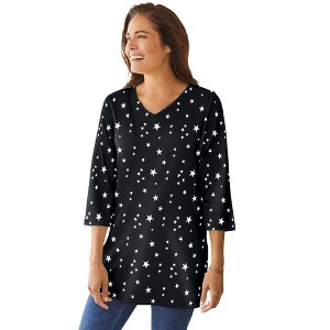 Woman Within Plus Size Perfect Printed Three-Quarter-Sleeve V-Neck Tunic - 1 of 4