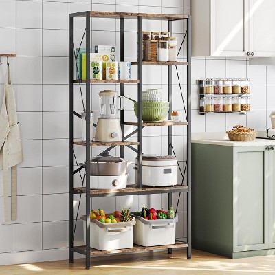 Homhougo 5 Tier Bookcase Industrial Storage Shelf Vintage Display Rack with Open Shelves Rustic Standing Bookshelves Metal Frame Display Rack, Brown