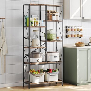 Homhougo 5 Tier Bookcase Industrial Storage Shelf Vintage Display Rack with Open Shelves Rustic Standing Bookshelves Metal Frame Display Rack, Brown - 1 of 4
