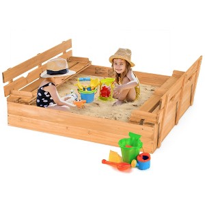 Costway Kids Large Wooden Sandbox w/Cover 2 Convertible Bench Seats for Outdoor Play - 1 of 4