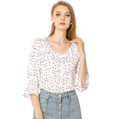 Allegra K Women's Ruffle Lapel Collar Heart Print Elbow Sleeve Button Down Shirt