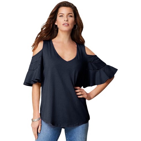 Roaman s Women s Plus Size Ruffle Sleeve Top With Cold Shoulder Detail 14 16 Blue