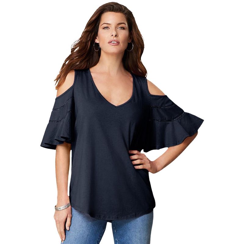 Roaman's Women's Plus Size Ruffle-Sleeve Top with Cold Shoulder Detail, 1 of 3