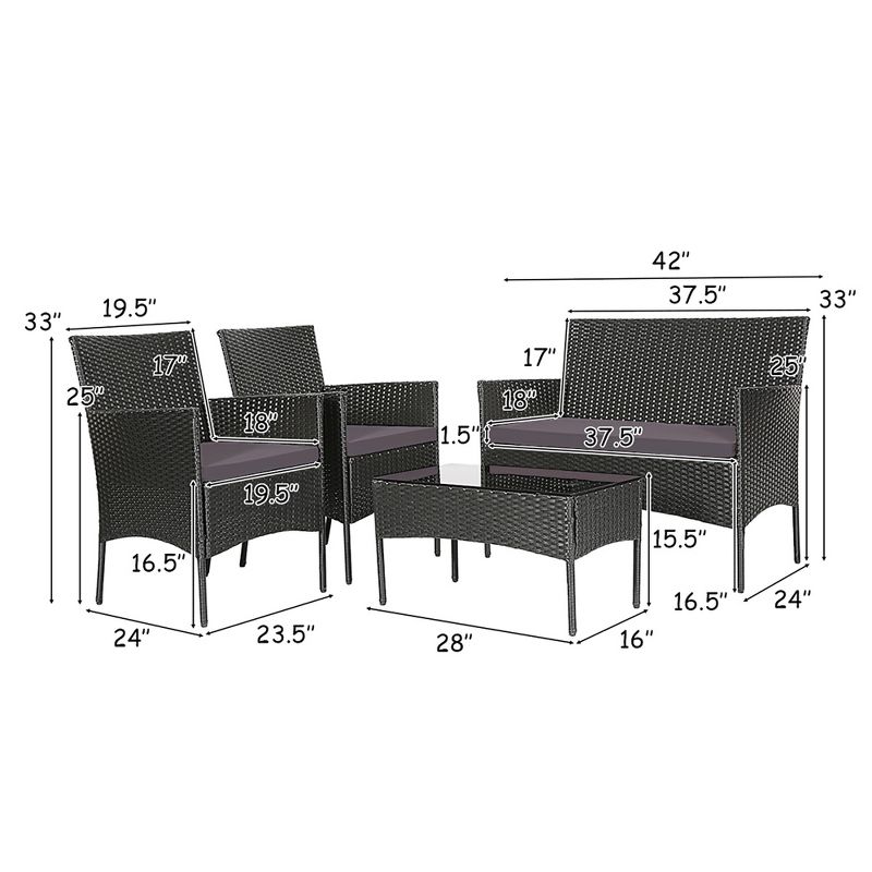 Tangkula 4PCS Outdoor Furniture Set Patio Rattan Conversation Set w/ Gray & Off White Cushion, 3 of 6