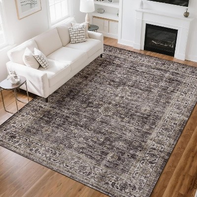 Acekool Vintage Floral Washable Area Rug, Soft Low-Pile Carpet, Non-Slip TPR Backing, velvet Cotton for Living Room, Bedroom, Entryway