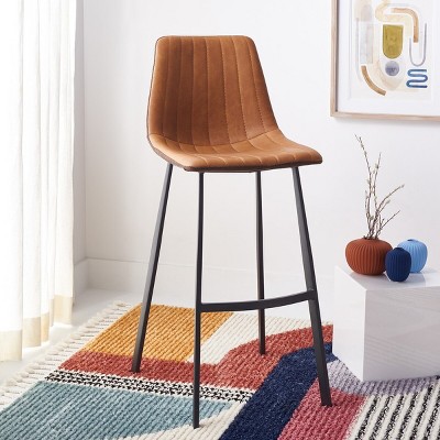Cognac Vegan Leather & Black Iron Saddle Bar Stool