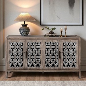 Antique Hollow Carved Four Door Cabinet, American Country Style Sideboard Buffet Console for Living Room, Kitchen, TV Cabinet - 1 of 4