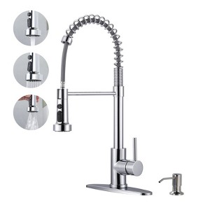 WOWOW Single Handle Pull Down Sprayer Kitchen Faucet with Soap Dispenser, Pull Out Spray Wand in Brushed Nickel - 1 of 4