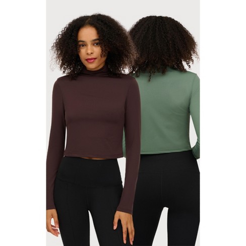 Yogalicious Womens 2 Pack Zenly Evelyn Long Sleeve Mock Neck Crop Top -  Dark Forest/Chocolate Torte - X Small