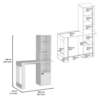 White Wood Writing Desk with Bookcase and Filing Cabinet