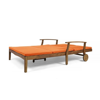 Teak Double Chaise Lounge with Orange Cushions