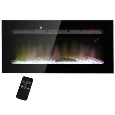 HOMCOM 36" Electric Fireplace Heater Recessed or Wall Mounted with Remote Control, 8H Timer, Adjustable Flame Color and Brightness, Log and Crystal