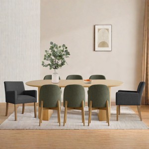 7-piece Dining Room Table Set, Oak Oval Table with 6 Linen Fabric Dining Chair and 2 Captain's Chair with Solid Wood Legs, Dining Room- Maison Boucle - 1 of 4