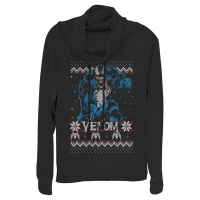 Juniors Womens Marvel Ugly Christmas Venom Pose Cowl Neck Sweatshirt
