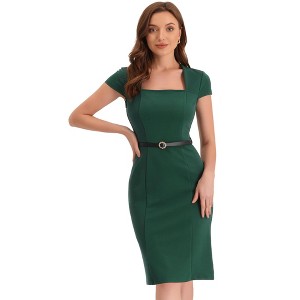Allegra K Women's Vintage Cap Sleeve Belted Square Neck Sheath Dress - 1 of 4