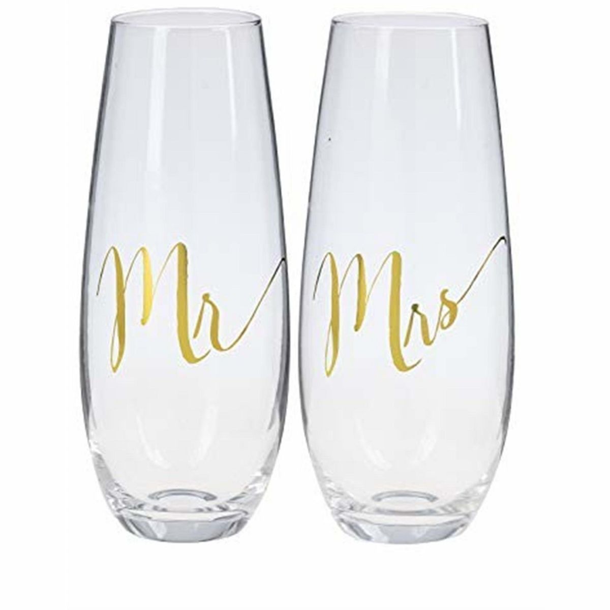 Ganz Mr. and Mrs. Stemless Champagne Flute Set, 2 Piece, Gold Foil Wedding Glasses, Gift Boxed