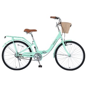 YONWAY 24 Inch Single Speed Folding Lady Bike , Durable Steel Frame Cruiser Bike,with Dual Brakes,Basket & Rear Rack  for Commuting - 1 of 4