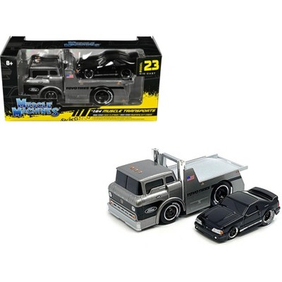 1966 Ford C600 Flatbed Truck Gray Met and 1993 Ford Mustang SVT Cobra Black "Toyo Tires" 1/64 Diecast Models by Muscle Machines
