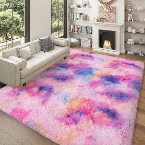 Extra Large Plush Shag Area Rug, 1.7" Thick Ultra Soft Non-Slip Tie-Dye Peacock Blue Mat - 1 of 4
