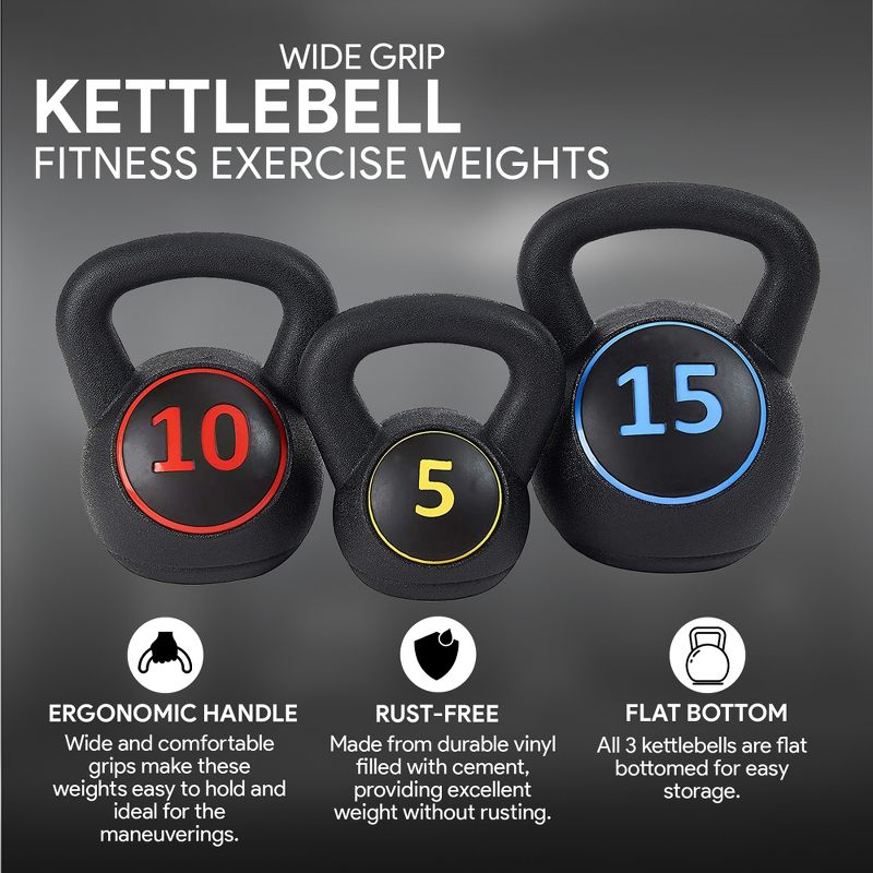 BalanceFrom Set of 3 Vinyl Ergonomic Wide Kettlebell Exercise Workout Fitness Weights for Balance and Strength Training, 5, 10, and 15 Pounds, Black, 5 of 7