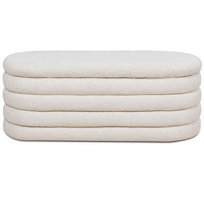 Ivory White Boucle 49" Upholstered Oval Storage Bench with Horizontal Tufting