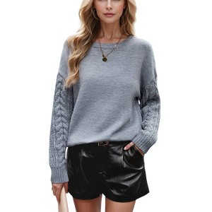 Amaryllis Women's Cable Knit Sleeve Crew Neck Sweater Long Sleeve Cozy Soft Knit Oversized Fit - 1 of 4