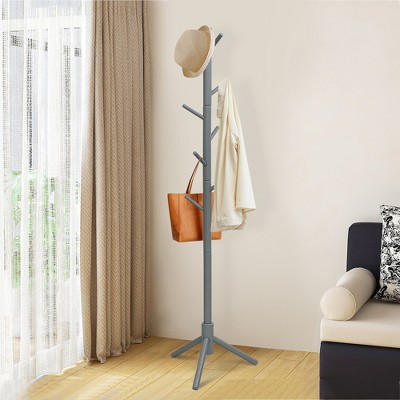 Gray Rubber Wood Adjustable Height Coat Rack with 8 Hooks
