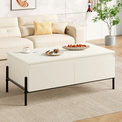 Garvee Coffee Table with 2 Handle-free Drawers White Center Table with Open Storage Shelf