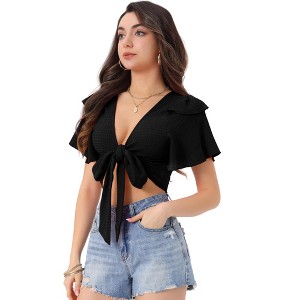 INSPIRE CHIC Women's Backless Cropped Flared Short Sleeve Blouse Tie Back Top - 1 of 4