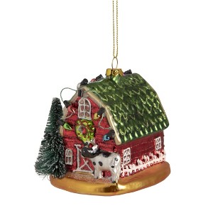 Northlight 3.5” Festive Glittered Dairy Barn with Lights Glass Christmas Ornament - Red/Green - 1 of 4
