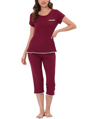 cheibear Women's Round Neck Loungewear with Capri Pants Pajama Set