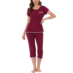 cheibear Women's Round Neck Loungewear with Capri Pants Pajama Set - 1 of 4