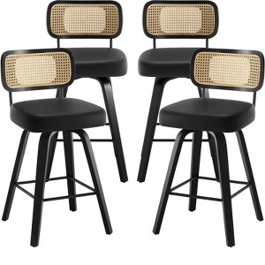 Bekrvio Swivel Counter Height Bar Stools - 26" Faux Leather Upholstered with Rattan Back, Black Wood Frame for Kitchen Island - 1 of 4