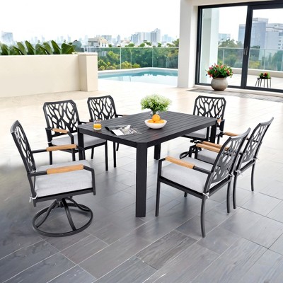 DOMETOUR 7Pcs Outdoor Patio Aluminum Dining Set, with 4 Dining Chairs & 2 Swivel Rockers, Branch-Like Backrest, Table with Umbrella Hole
