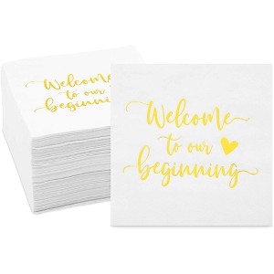 Sparkle and Bash 100 Pack Wedding Cocktail Napkins, Welcome to our Beginning (White, 5 In) - 1 of 4