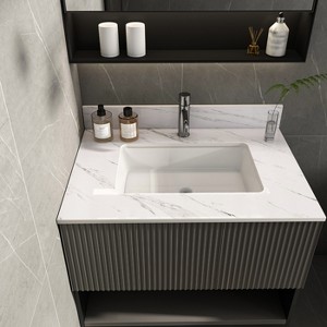 KTMBDW 43/37/31'' Rectangular Bathroom Sink with Marble Vanity Top, Predrilled Centerset and 4-Inch Backsplash, Stain-Resistant, Easy-To-Clean- White - 1 of 4