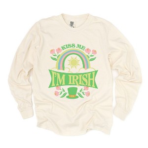 Simply Sage Market Women's Kiss Me I'm Irish Rainbow Long Sleeve Garment Dyed Tee - 1 of 4
