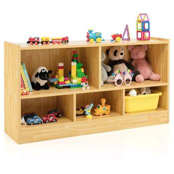 MallBest 4-Tier Kids' Toy Storage Organizer Shelf - 100% Solid  Wood,Children's Storage Cabinet with 9 Plastic Bins and 3 Storage Ports  (Varnish)