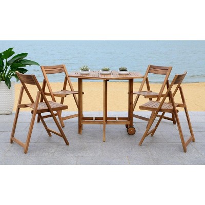 Natural Acacia Wood Round Patio Dining Set with Foldable Chairs