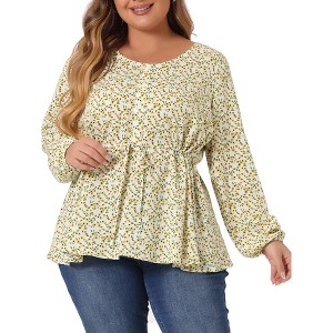 Agnes Orinda Women's Plus Size Round Neck Button Up Puff Floral Long Sleeve Casual Peplum Blouses - 1 of 4