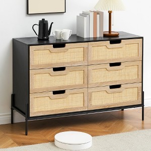 Natural Rattan 6 Drawer Dresser, Wooden Chest of Drawer, Farmhouse Storage Cabinet with Metal Legs, Modern Dresser - 1 of 4