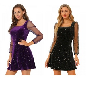 INSPIRE CHIC Women's Mesh Sheer Puff Long Sleeve Square Neck Glitter Star Mini Velvet Dress 2 Packs - 1 of 4