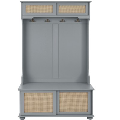 Vynxaria White Casual Style Freestanding Coat Rack with Rattan Door Shelves, Shoe Cabinet 4 Hooks, Ideal for Hallways Entrances