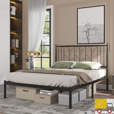 Full Size Metal Platform Bed Frame with Wheat-Ear Headboard, Heavy Duty Steel Slats, Noise-Free Structure,12.2" Underbed Storage,No Box Spring Needed