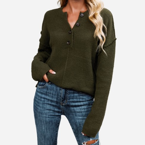 Women's Textured Half-button Drop Shoulder Sweater -cupshe-m-green : Target