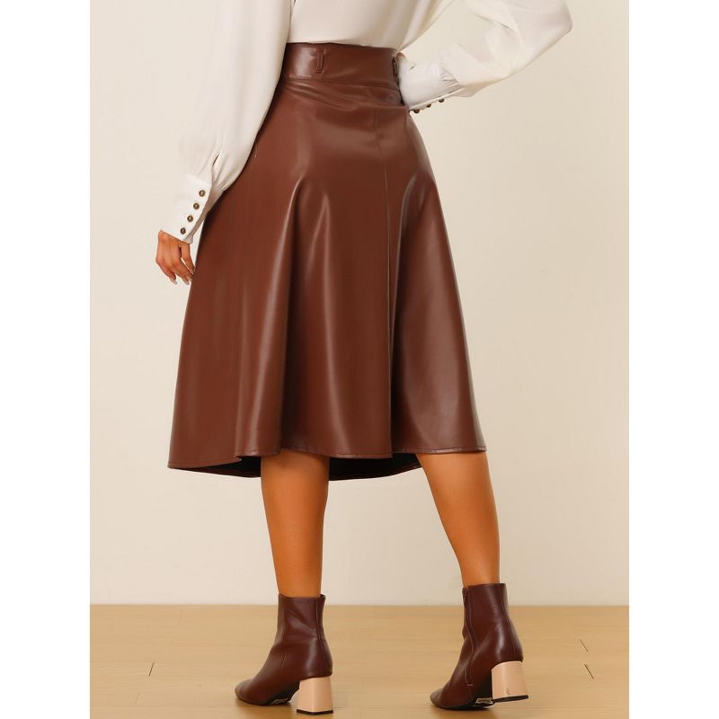 Allegra K Women's Faux Leather High Waist Belted A-line Flare Midi Skirts, 4 of 6