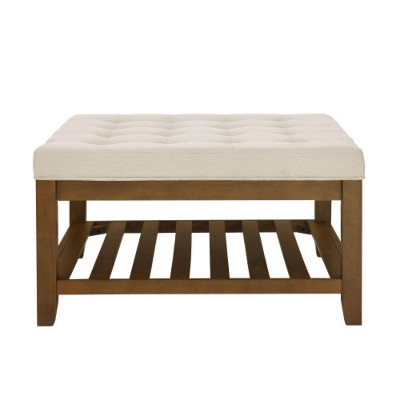 TIRAMISUBEST Upholstered Coffee Table Tufted Linen Large Square Ottoman with Beech Wood Shelf, for Living Room,Office,Bedroom,Outdoor