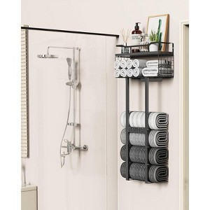 Ridstar Wall-Mounted Towel Rack with Wooden Floating Shelf - Holds 6 Towels-Black - 1 of 4
